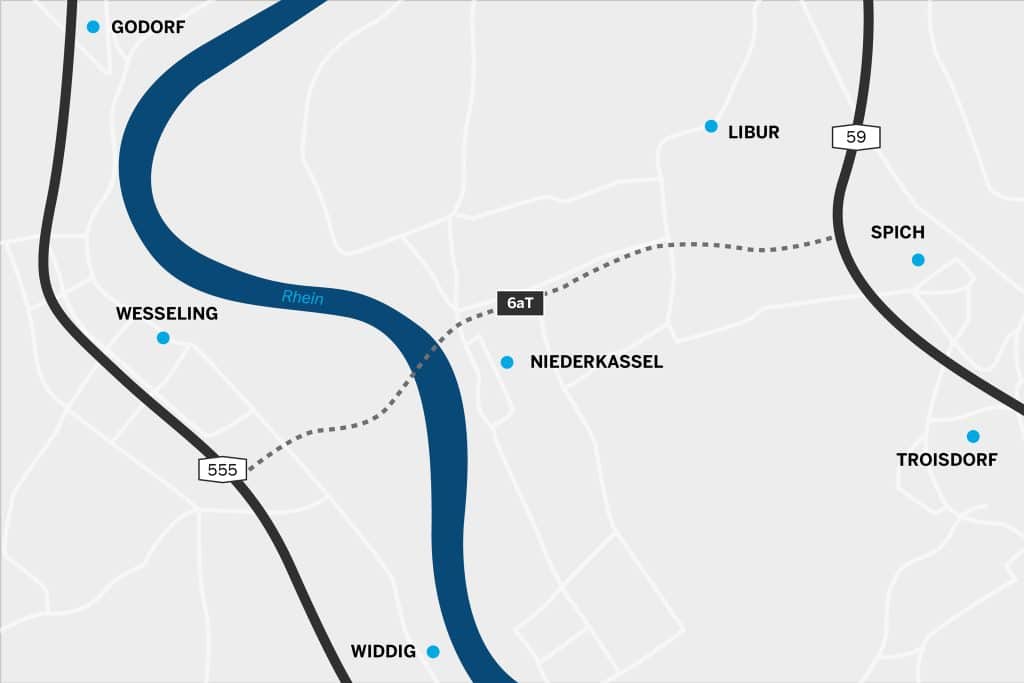 Karte mit der Vorzugsvariante 6aT, welche die A555 mit der A59 verbindet.